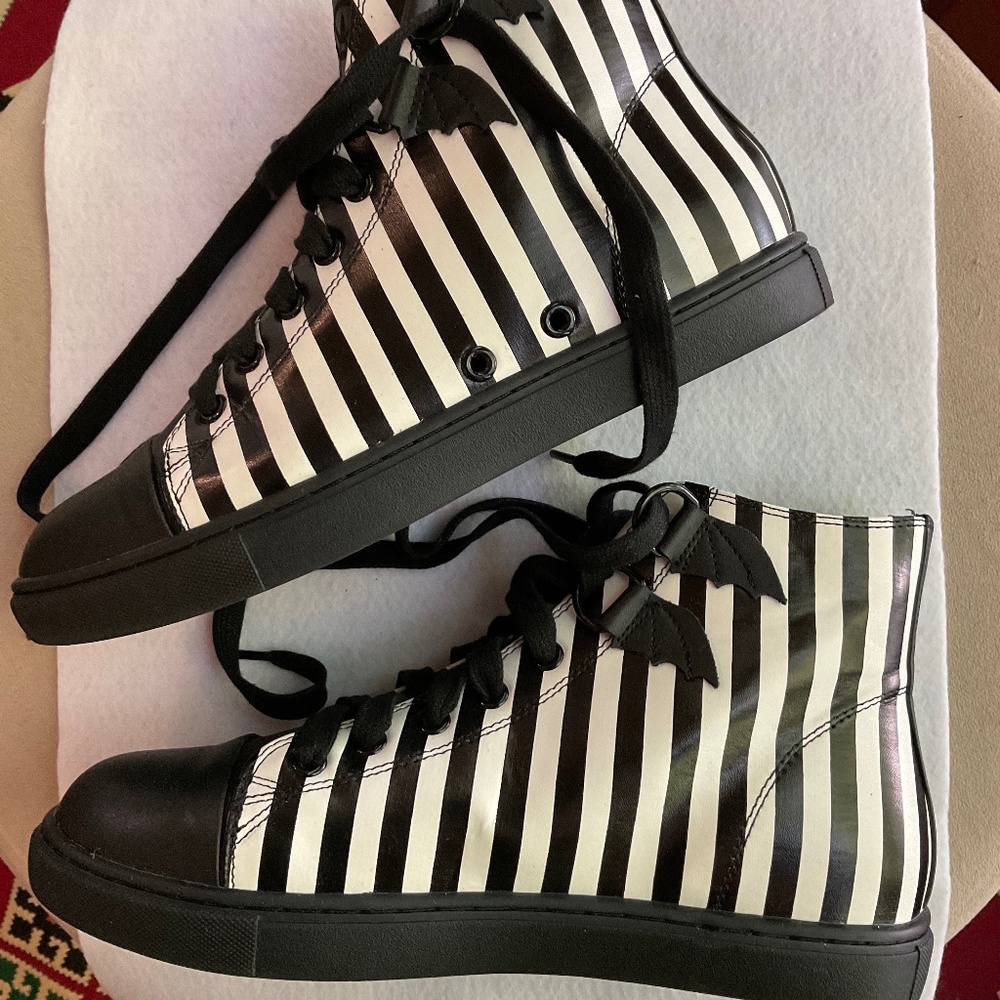 Strange Cvlt Black & White Stripe Hi-Top Sneakers